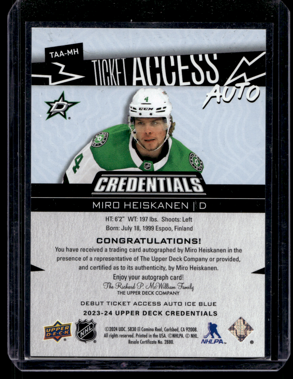 2023-24 Upper Deck Credentials - Ticket Access Autos - Miro Heiskanen #TAA-MH /99
