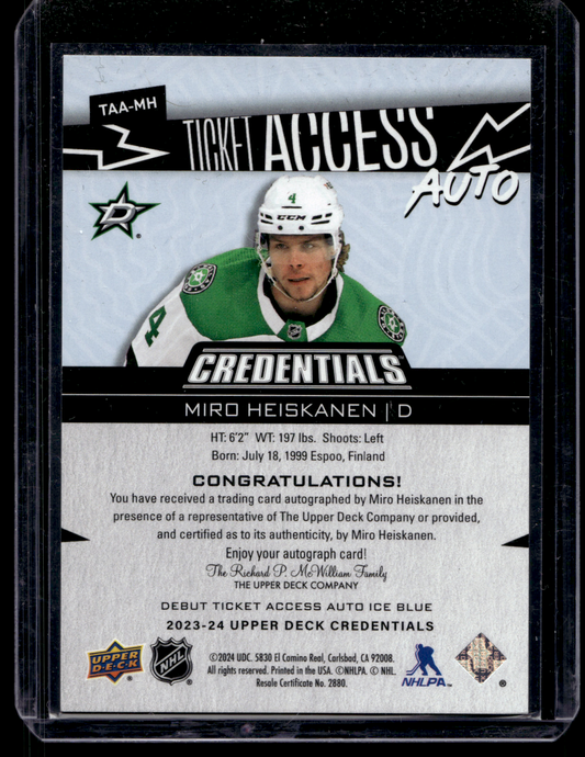 2023-24 Upper Deck Credentials - Ticket Access Autos - Miro Heiskanen #TAA-MH /99