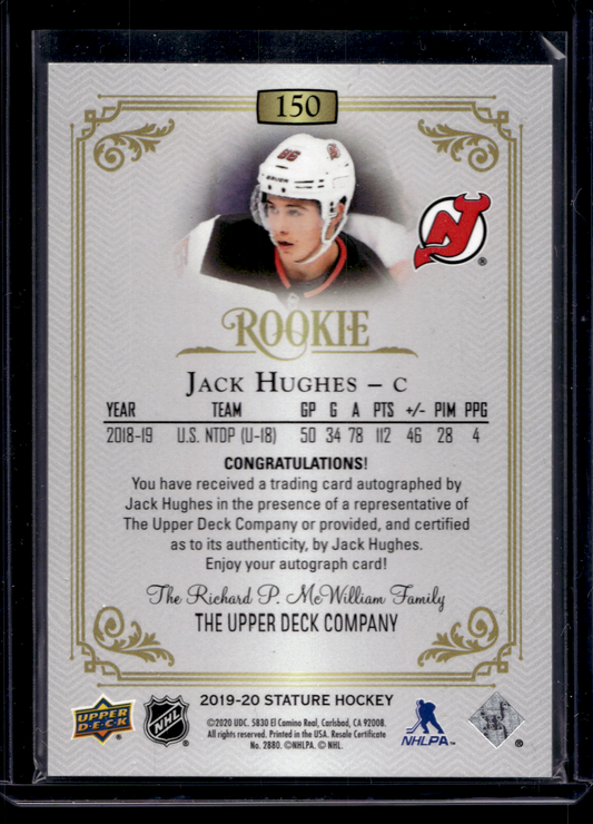 2019-20 Upper Deck Stature - Green Autographs - Rookies - Jack Hughes #150 /85 RC