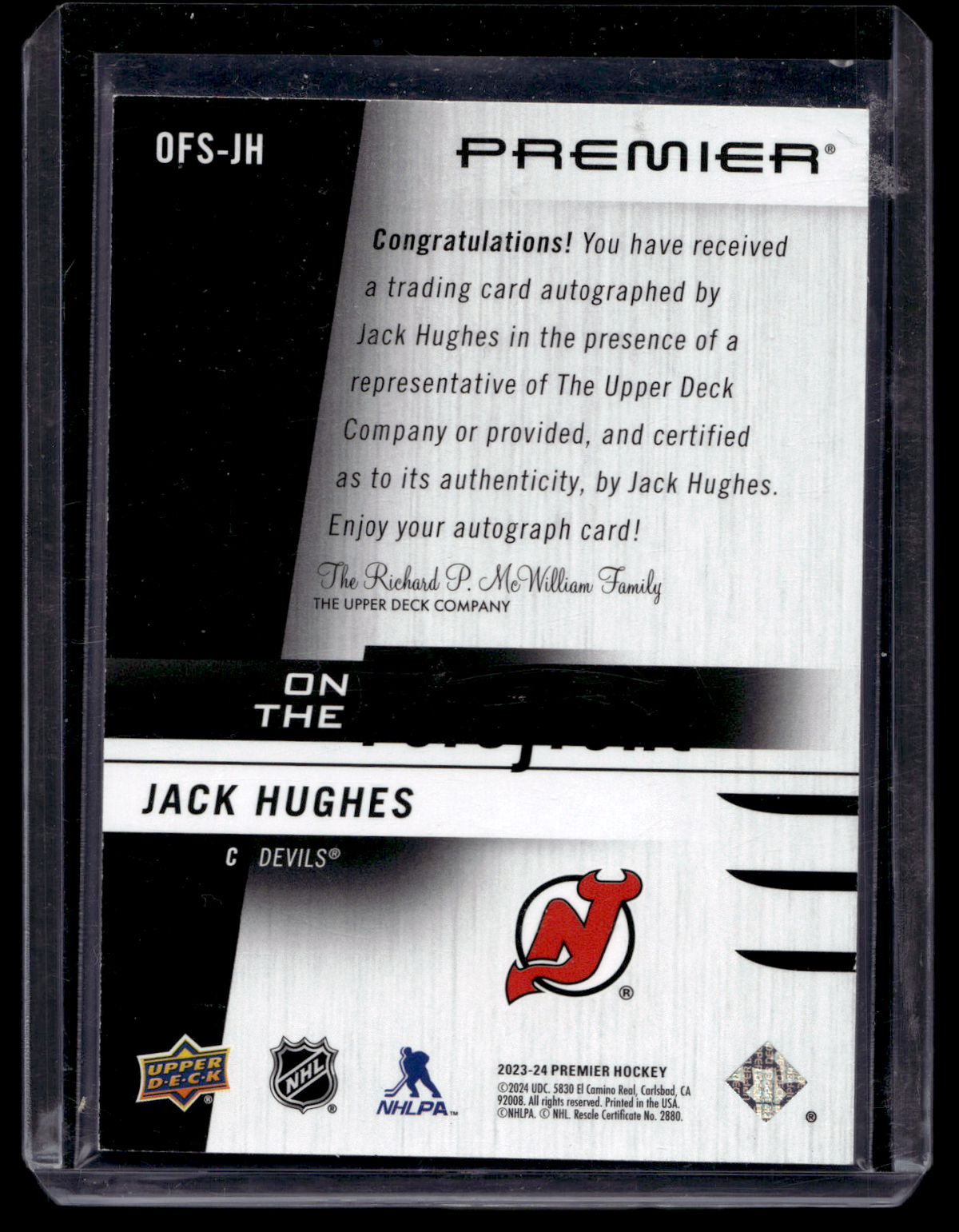 2023-24 Upper Deck Premier - On the Forefront Legends and Superstars Autographs - Black - Jack Hughes #OFS-JH /50