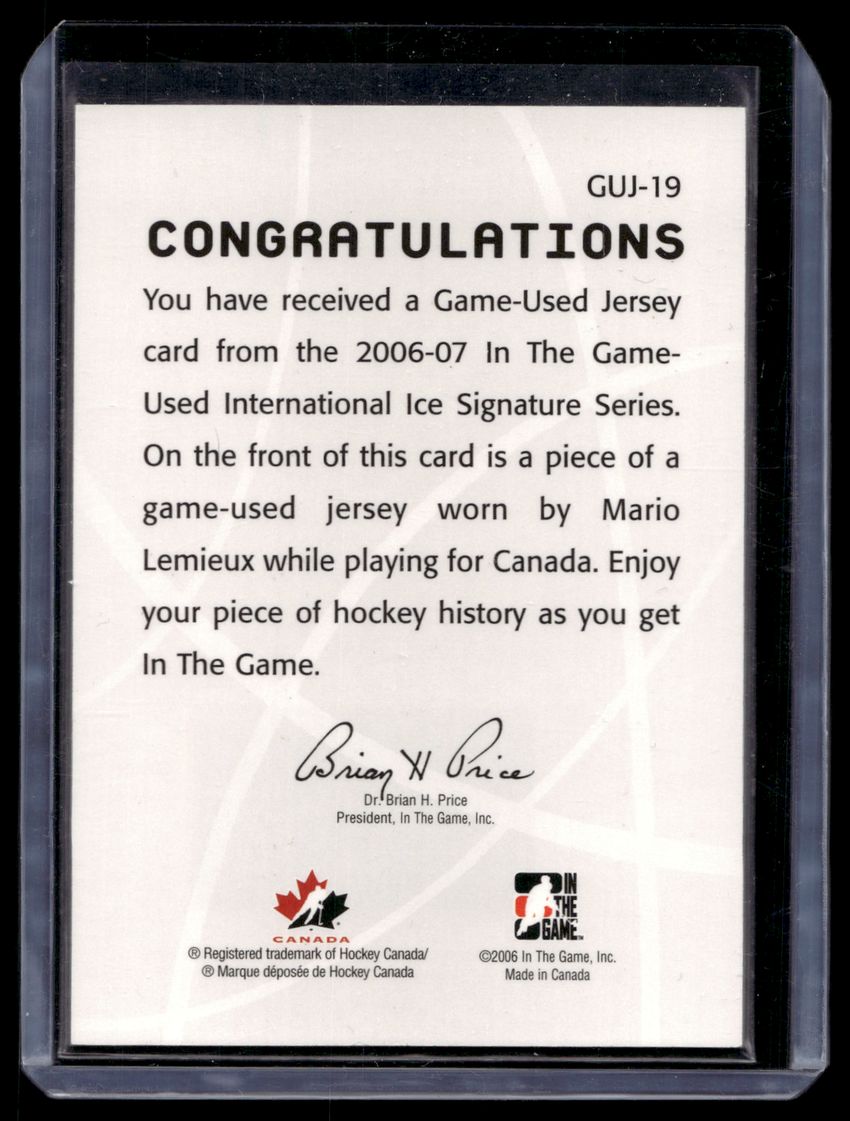 2006-07 In the Game-Used International Ice Signature Series - Game-Used - Jersey Gold - Mario Lemieux #GUJ-19 /10