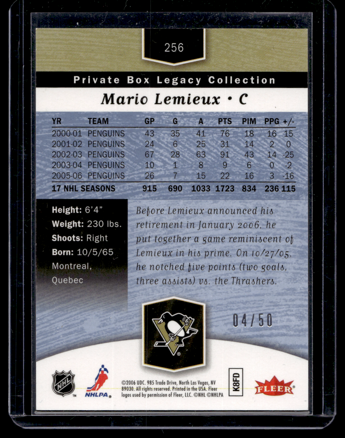 2006-07 Flair Showcase - Legacy Collection - Private Box - Mario Lemieux #256 /50
