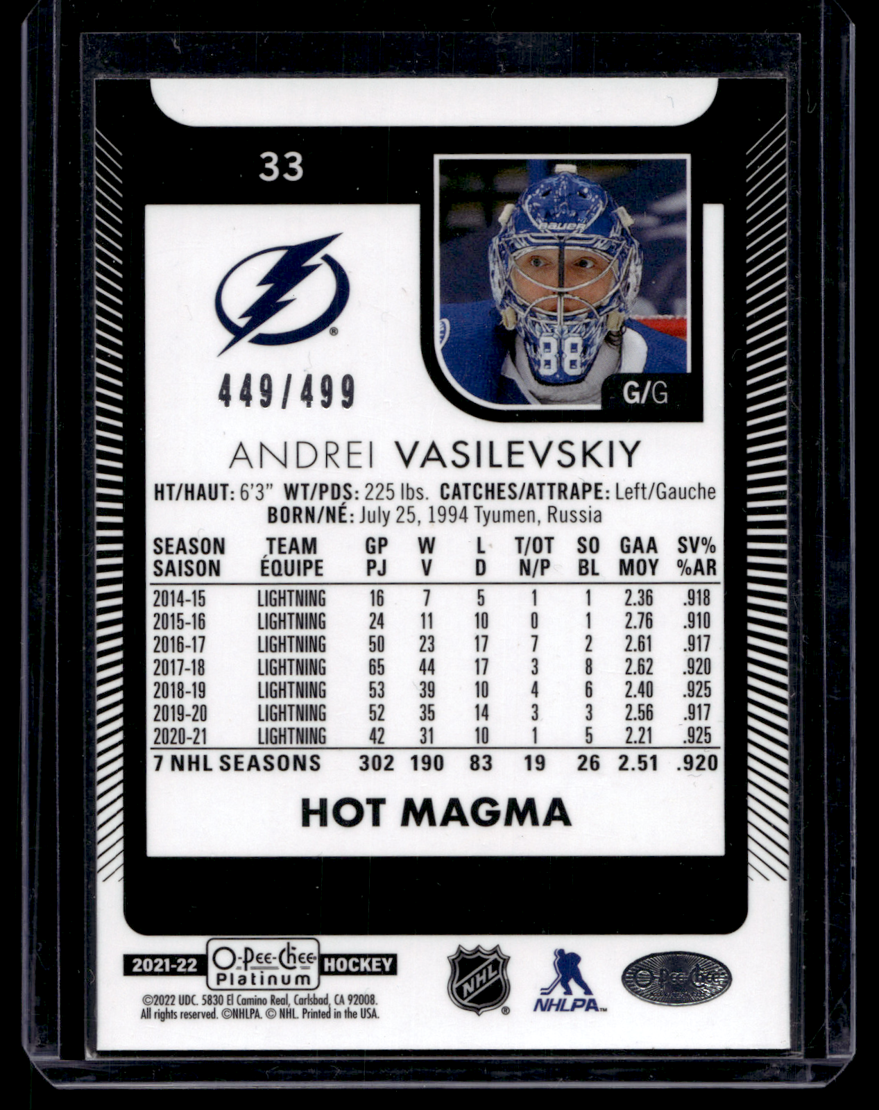 2021-22 Upper Deck OPC Platinum - Hot Magma - Andrei Vasilevskiy #33 /499
