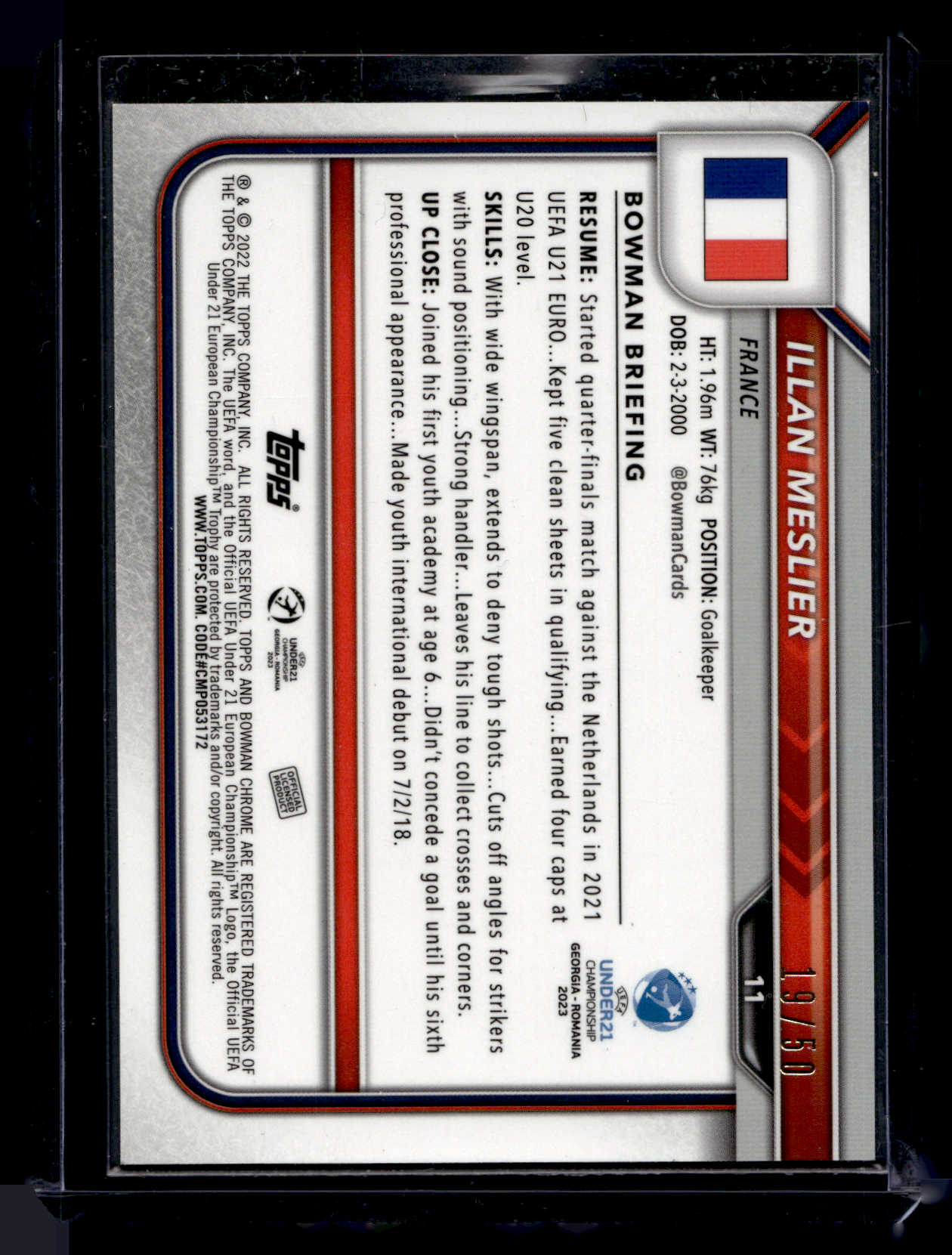 2022-23 Bowman Chrome Road to UEFA Under21 Championship - Gold Shimmer Refractor - Illan Meslier #11 /50