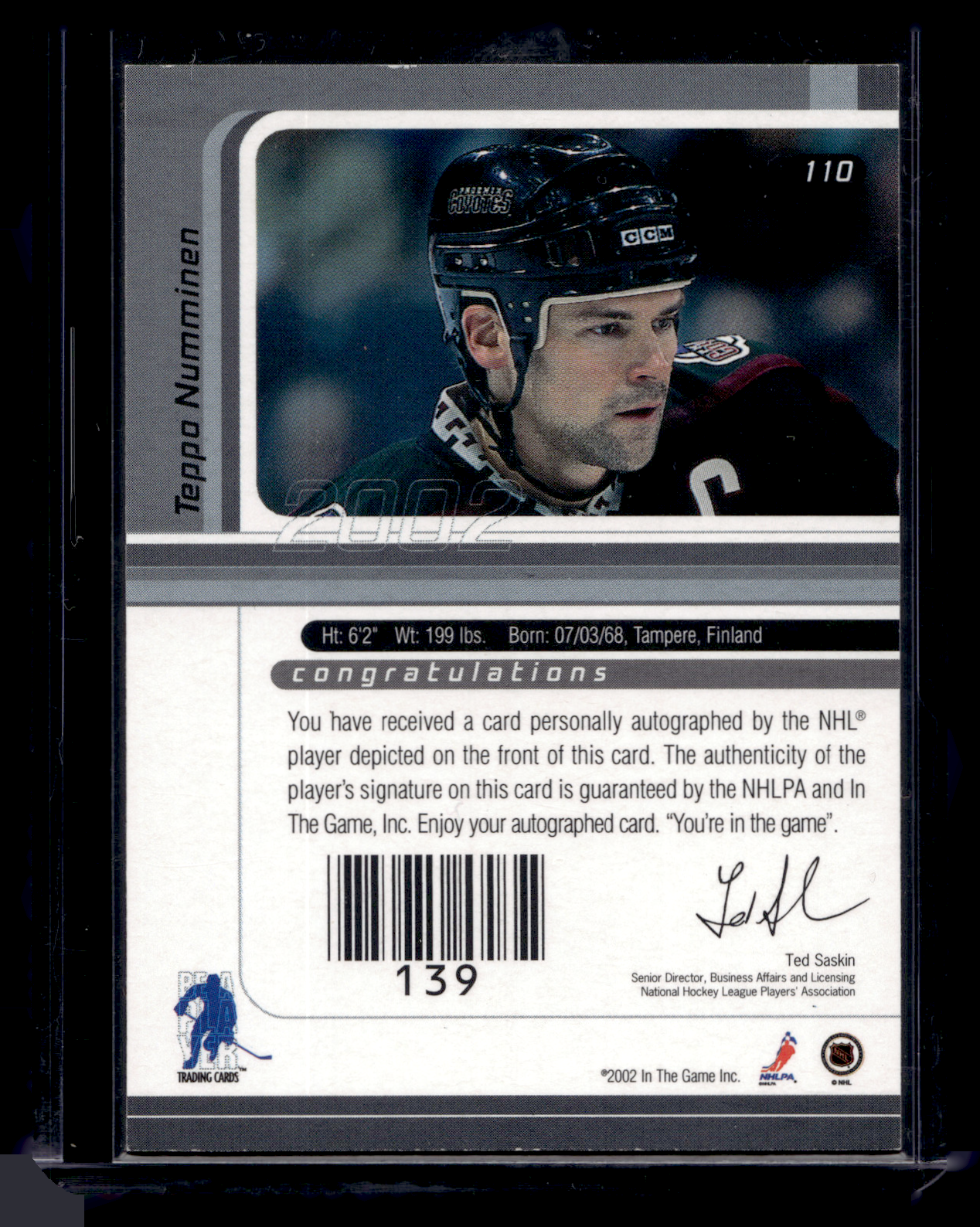 2001-02 In the Game Be A Player Signature Series - Gold Autographs - Teppo Numminen #110
