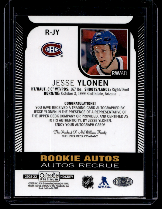 2021-22 Upper Deck OPC Platinum - Rookie Autographs - Jesse Ylonen #R-JY RY