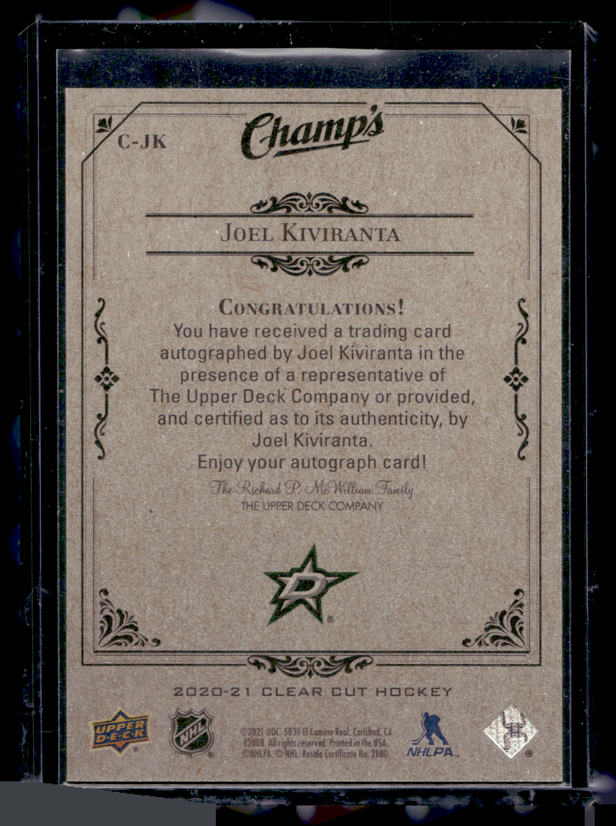 2020-21 Upper Deck Clear Cut - Champs Autographs - Green - Rookies - Joel Kiviranta #C-JK /25 RY