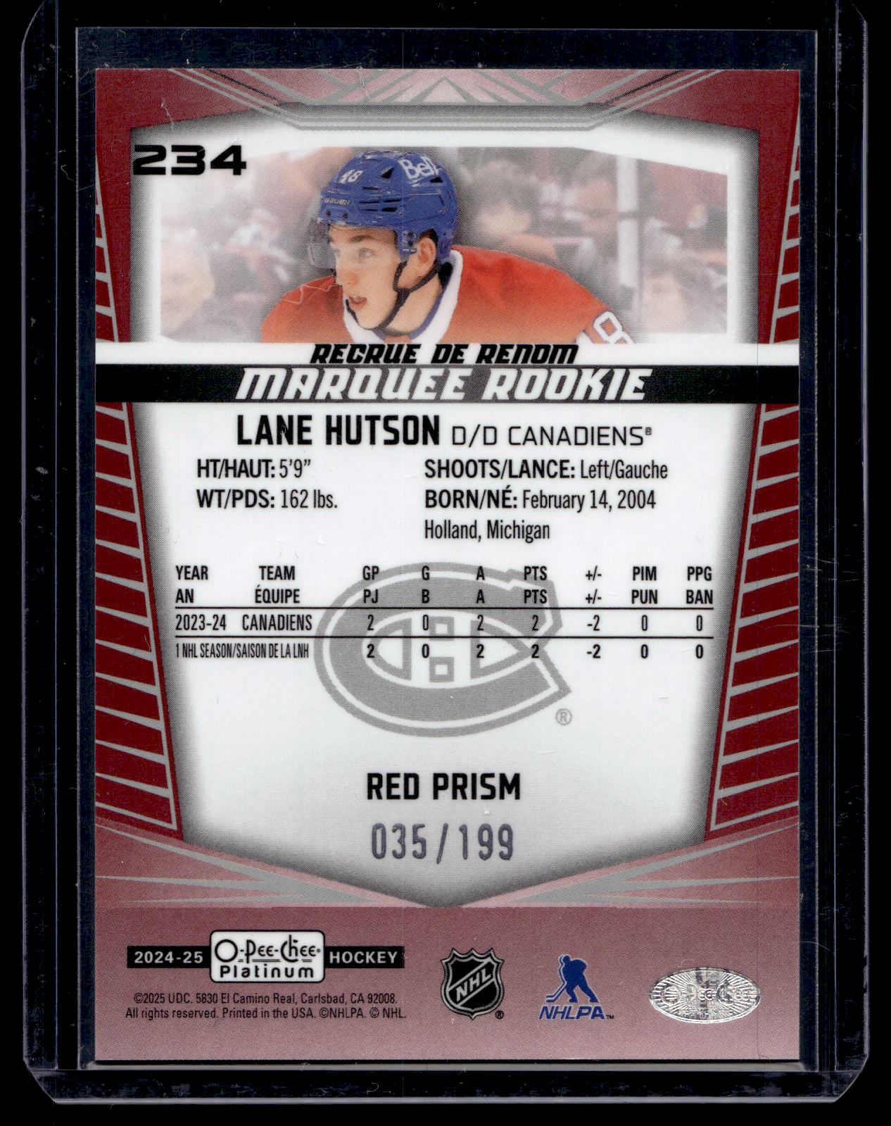 2024-25 Upper Deck OPC Platinum - Red Prism - Marquee Rookies - Lane Hutson #234 /199 RC