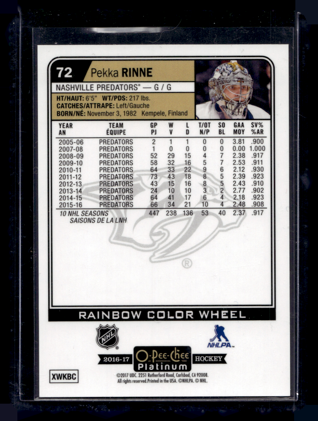 2016-17 Upper Deck OPC Platinum - Rainbow Color Wheel - Pekka Rinne #72