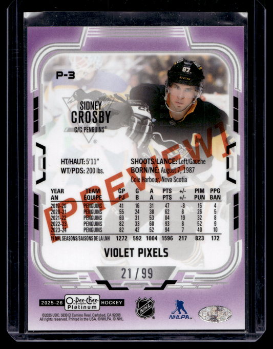 2025-26 O-Pee-Chee - Platinum Preview - Violet Pixels - Sidney Crosby #P-3 /99