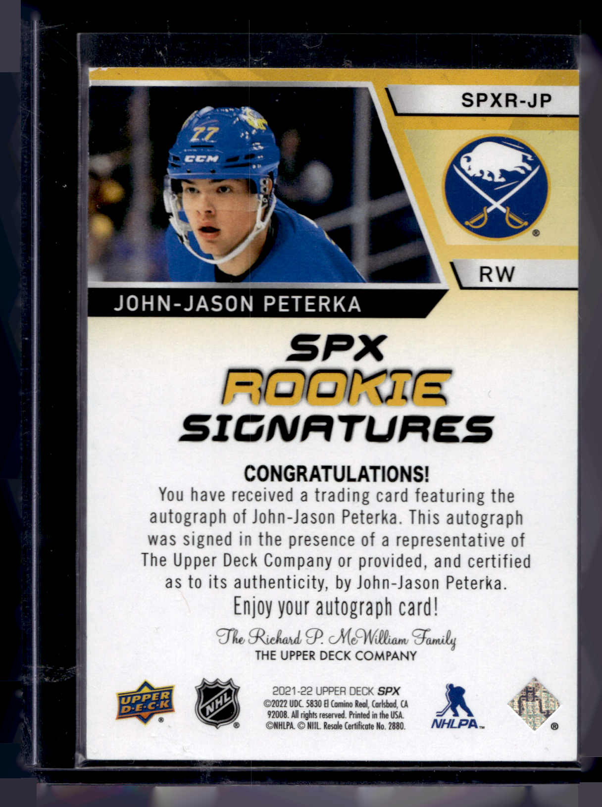 2021-22 Upper Deck SPx - SPx Rookie Signatures - John-Jason Peterka #SPXR-JP RY