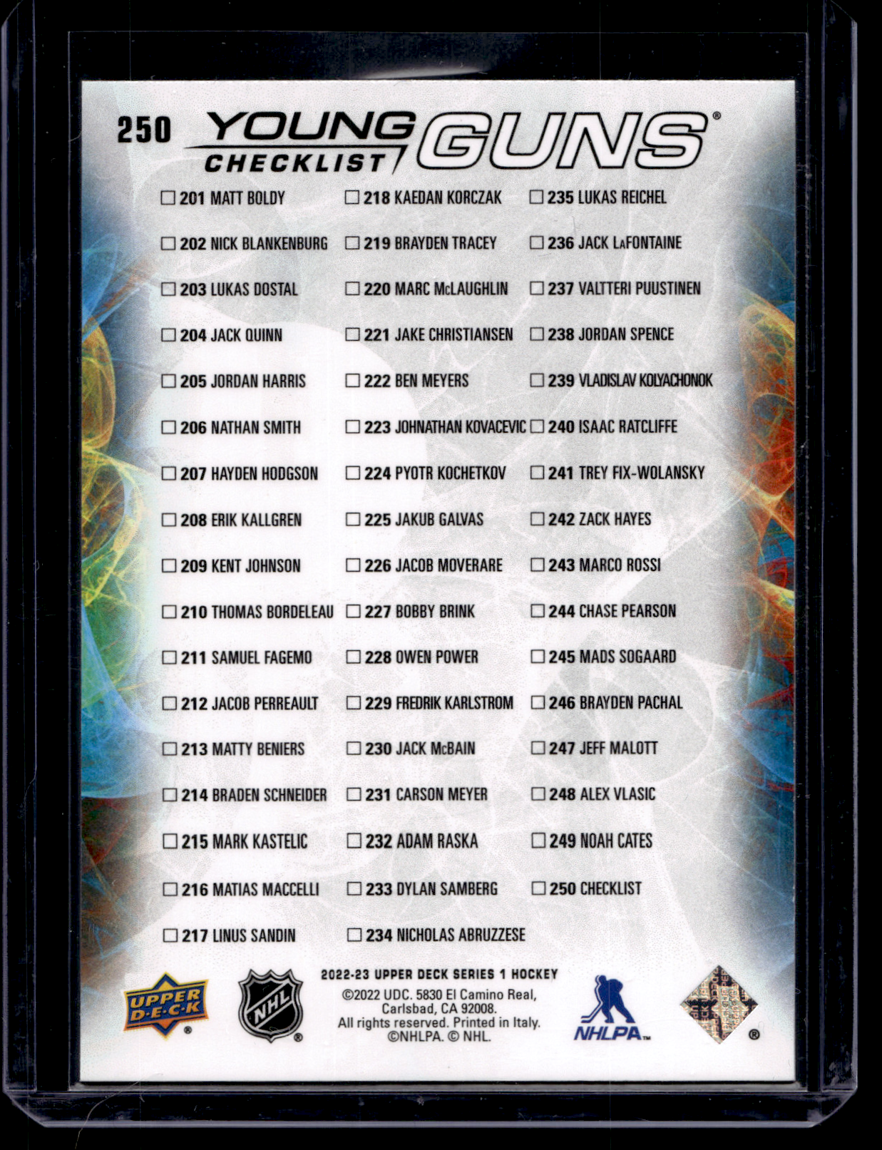 2022-23 Upper Deck Series 1 - Young Guns Checklist - Matt Boldy / Marco Rossi #250 RC