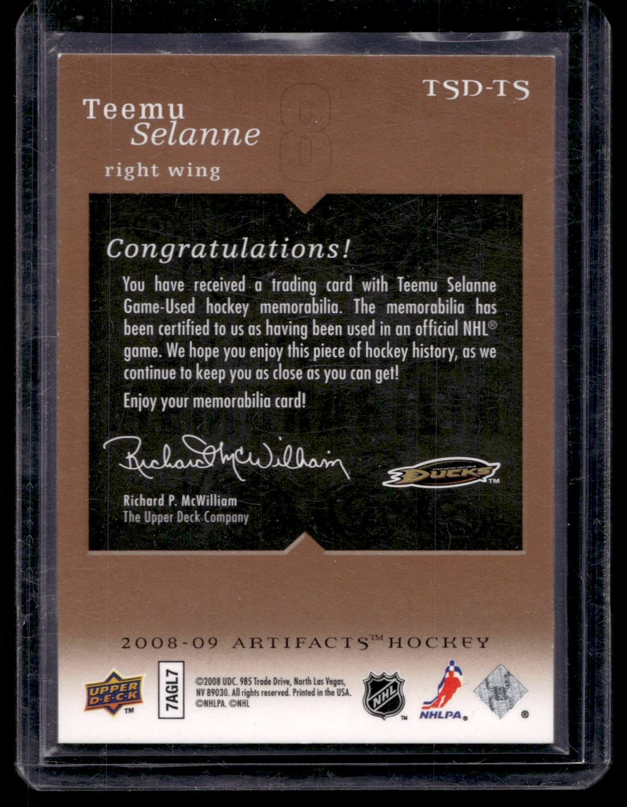 2008-09 Upper Deck Artifacts - Treasured Swatches - Dual - Teemu Selanne #TSD-TS /199