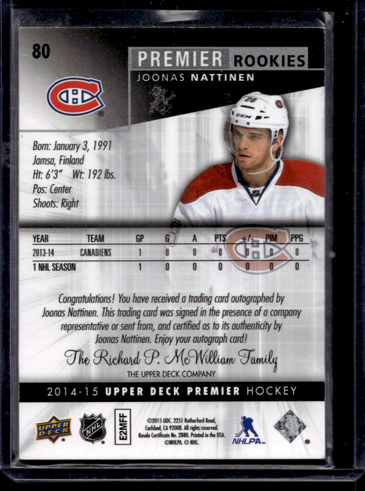2014-15 Upper Deck Premier - Spectrum Silver - Rookie Autographs - Joonas Nattinen #80 /49 RC