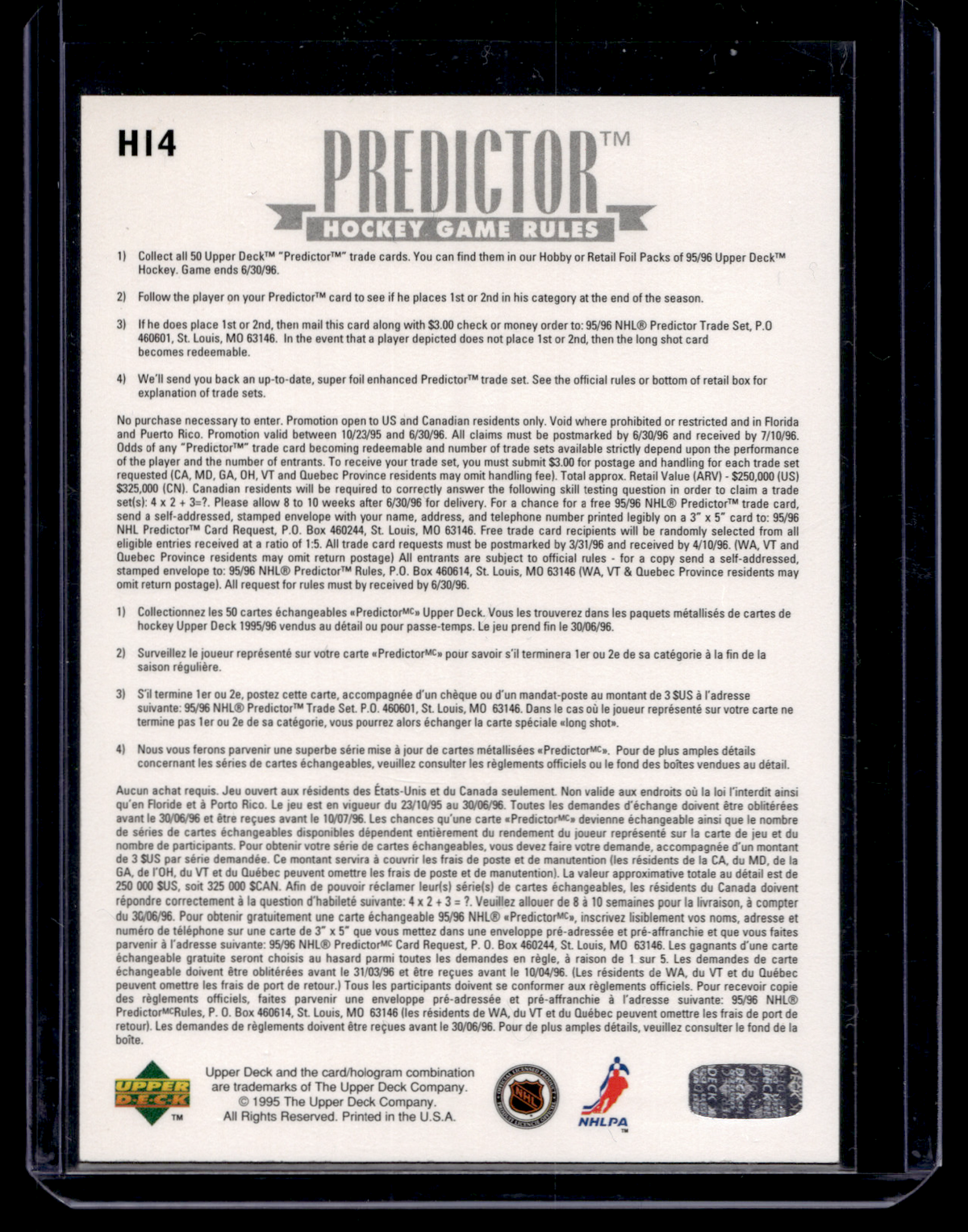 1995-96 Upper Deck - Hobby Award Predictor - Redemption - Patrick Roy #H14