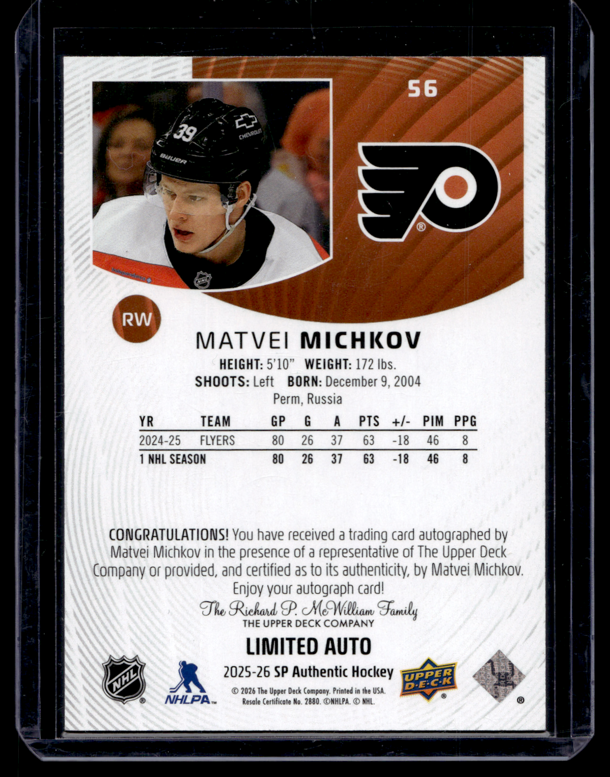 2025-26 Upper Deck SP Authentic - Limited Autographs - Matvei Michkov #56