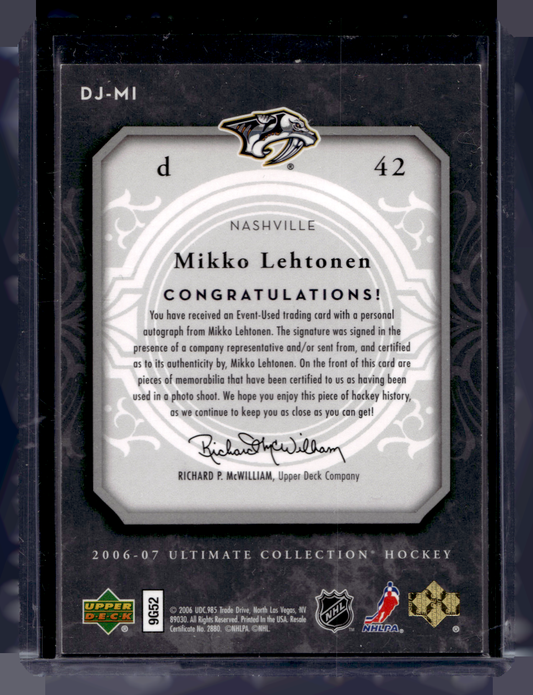 2006-07 Upper Deck Ultimate Collection - Ultimate Debut Jerseys - Signatures - Mikko Lehtonen #DJ-MI /35 RY