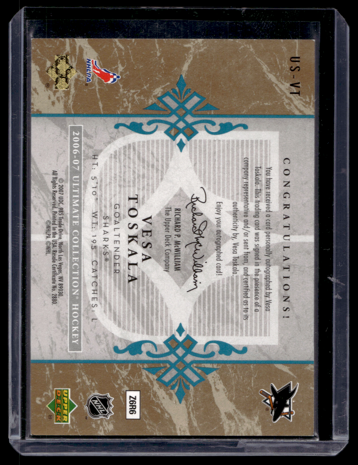 2006-07 Upper Deck Ultimate Collection - Ultimate Signatures - Vesa Toskala #US-VT