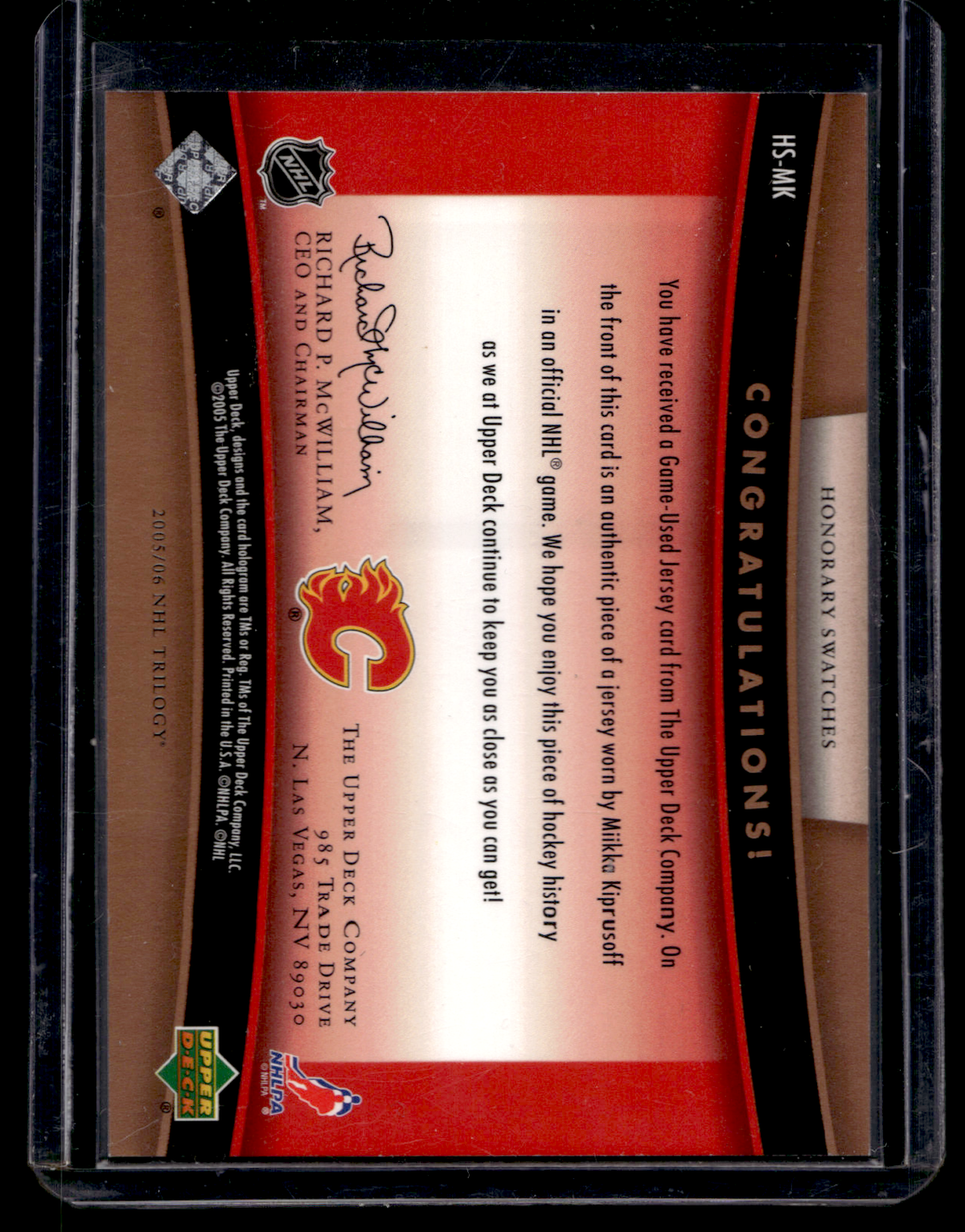 2005-06 Upper Deck Trilogy - Honorary Swatches - Miikka Kiprusoff #HS-MK