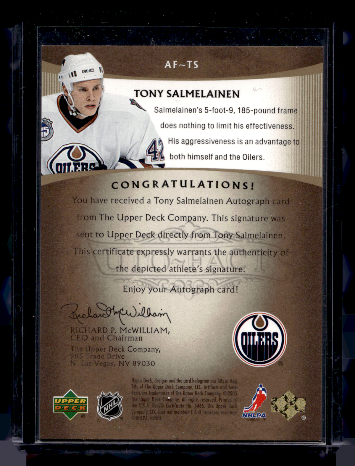 2005-06 Upper Deck Artifacts - Auto-Facts - Tony Salmelainen #AF-TS /100