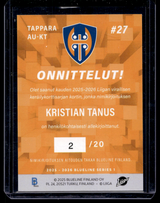 2025-26 Blueline Signature Rare - Kristian Tanus #AU-KT /20