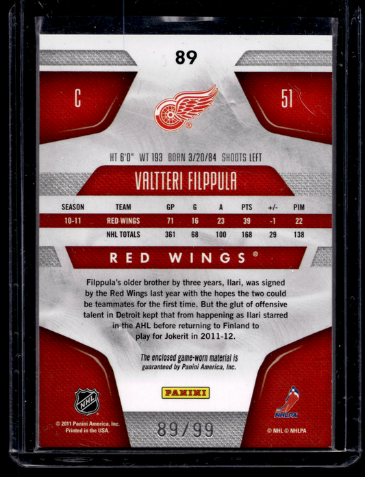 2011-12 Panini Certified - Mirror Blue Materials - Valtteri Filppula #89 /99