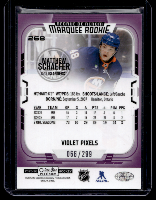 2025-26 Upper Deck OPC Platinum - Violet Pixels - Marquee Rookies - Matthew Schaefer #268 /299 RC