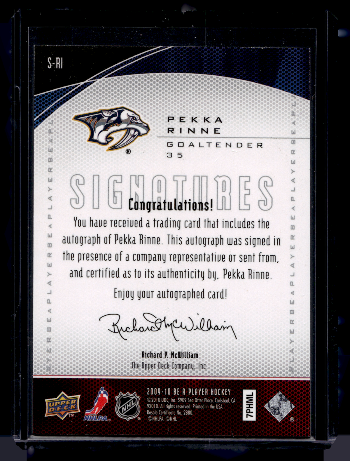 2009-10 Upper Deck Be a Player - Signatures - Pekka Rinne #S-RI