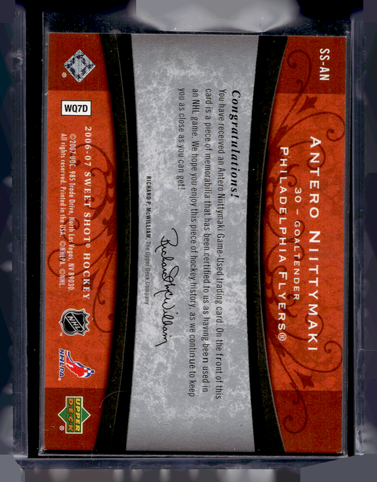 2006-07 Upper Deck Sweet Shot - Sweet Stitches - Antero Niittymaki #SS-AN /200