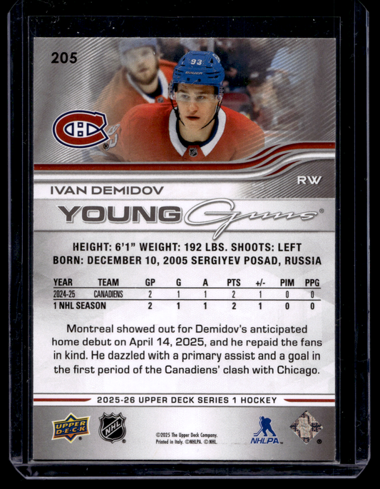 2025-26 Upper Deck Series 1 - Young Guns - Ivan Demidov #205 RC