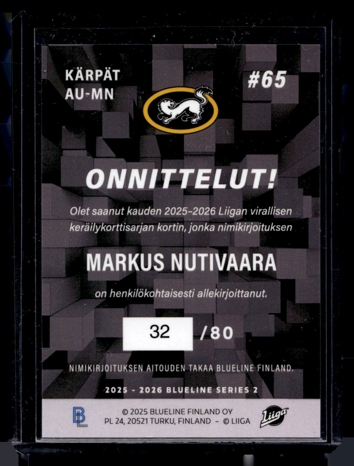 2025-26 Blueline Signature Silver - Markus Nutivaara #AU-MN /80