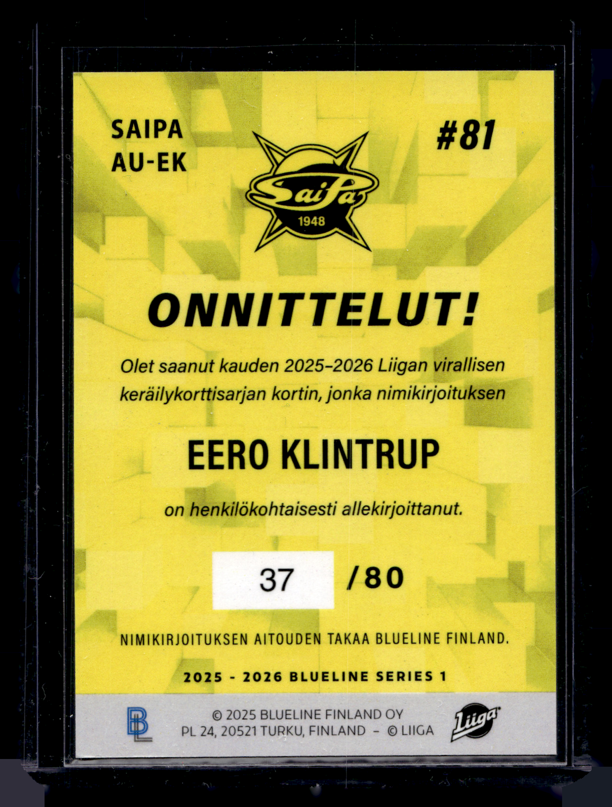 2025-26 Blueline Signature Silver - Eero Klintrup #AU-EK /80