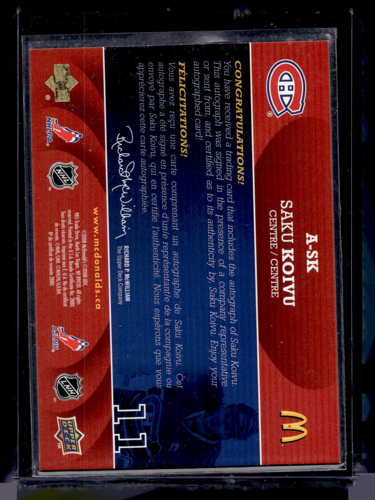 2008-09 Upper Deck McDonald's Autographs - Saku Koivu #A-SK /25
