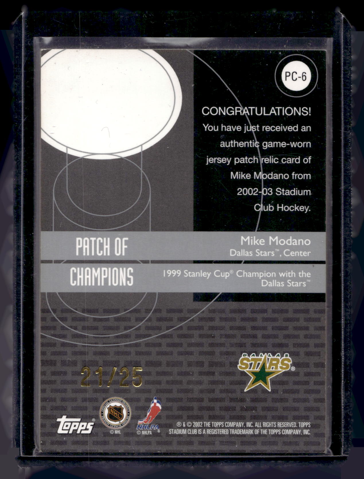 2002-03 Topps Stadium Club - Patch of Champions - Mike Modano #PC-6 /25