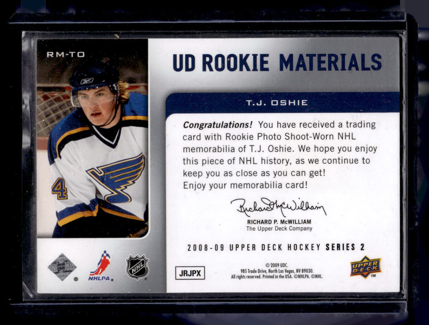 2008-09 Upper Deck - UD Rookie Materials T.J. Oshie #RM-TO RY