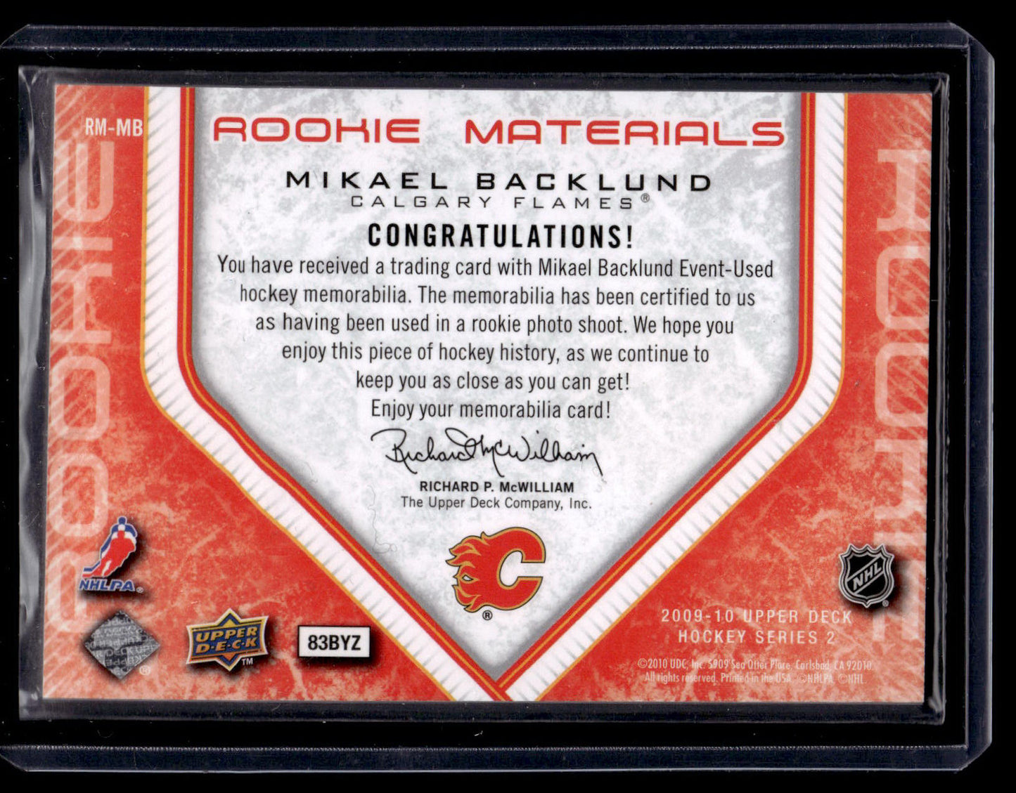 2009-10 Upper Deck - Rookie Materials Mikael Backlund #RM-MB RY