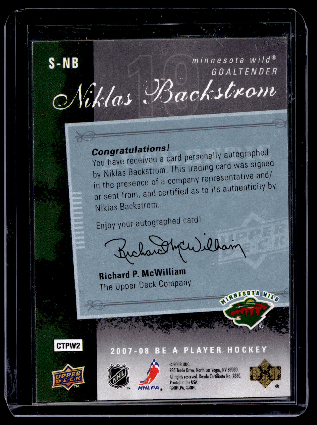 2007-08 Upper Deck Be a Player - Signatures Niklas Backstrom #S-NB