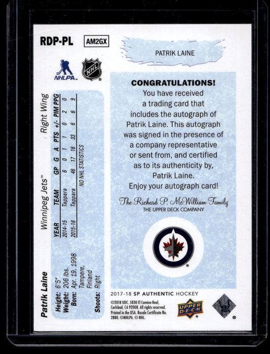 2017-18 Upper Deck SP Authentic 90-91 Retro Draft Picks Autographs Patrick Laine #RDPPL /50