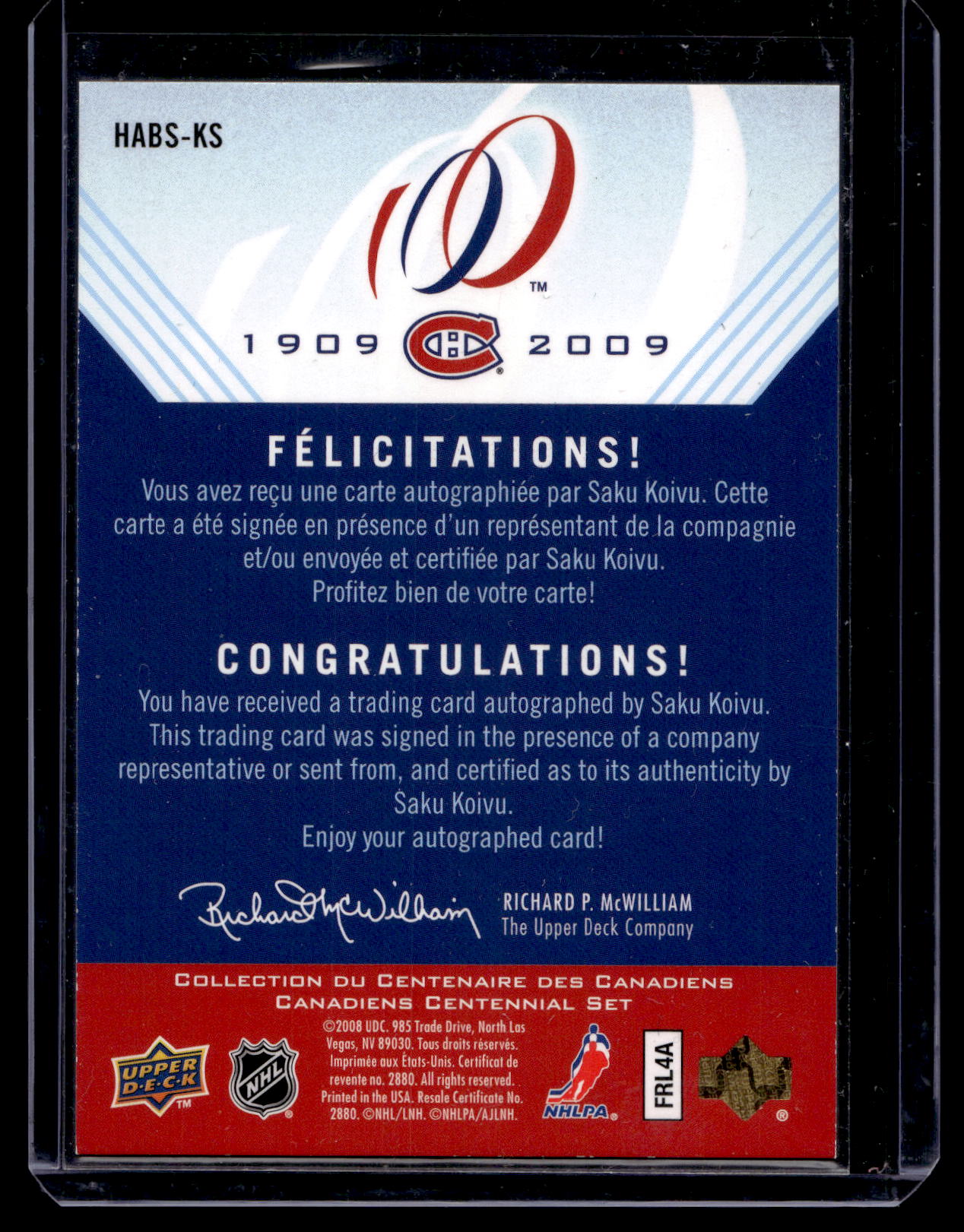 2008-09 Upper Deck Montreal Canadiens Centennial Set - Habs INKS Saku Koivu #HABS-KS
