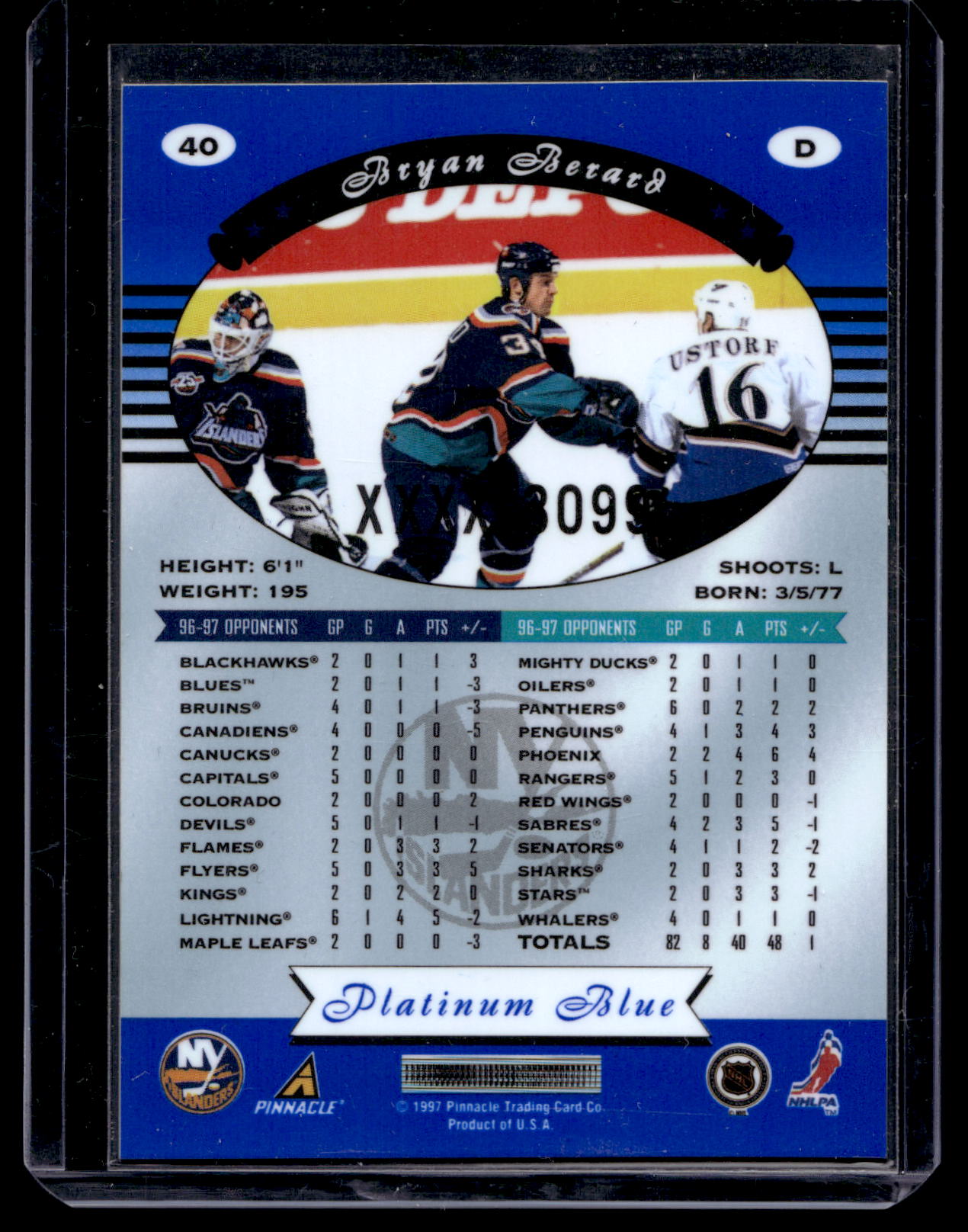 1997-98 Pinnacle Totally Certified - Executive Master Set - Platinum Blue - Bryan Bedard #40 XXXX/3099