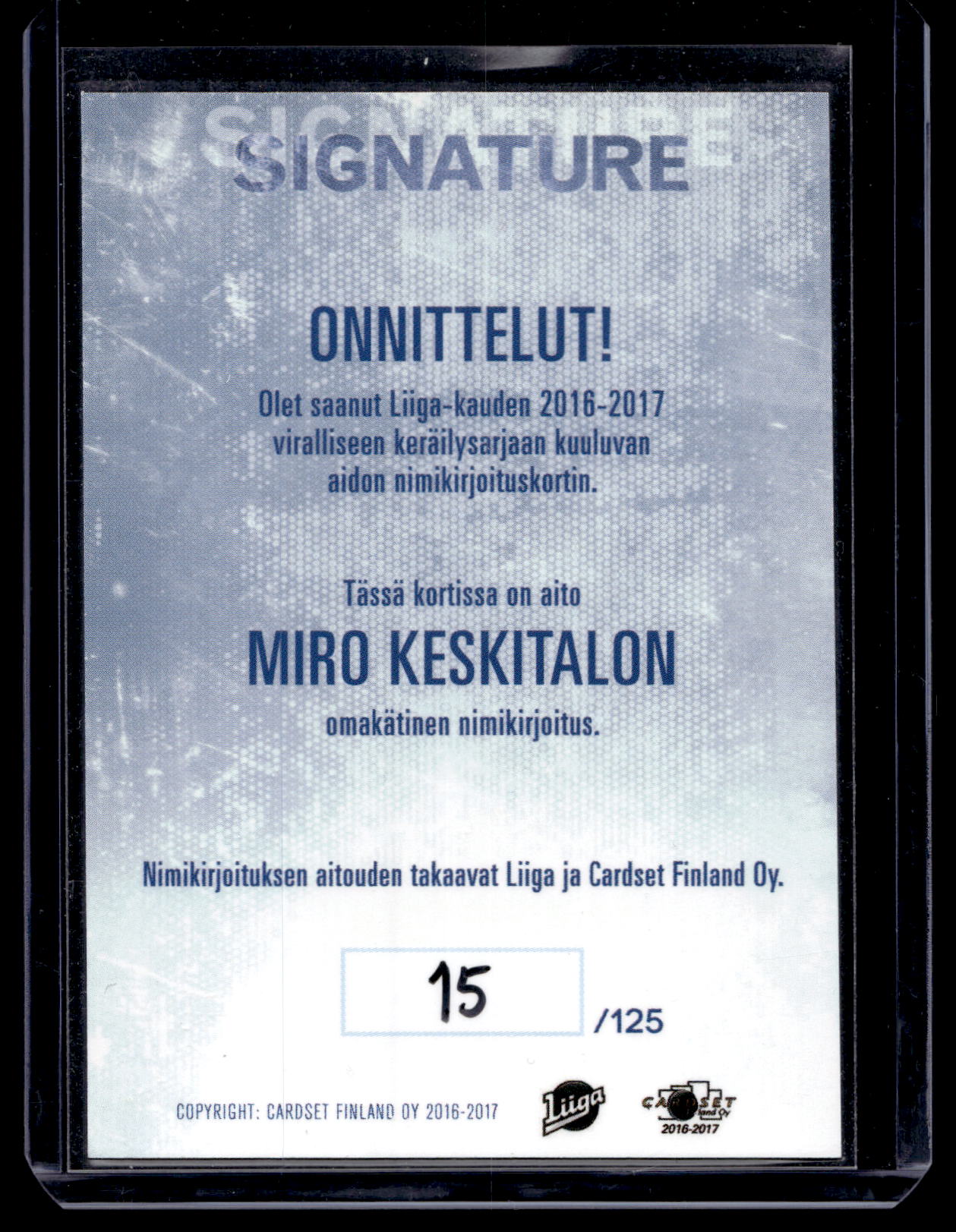 2016-17 Cardset Signature - Miro Keskitalo /125