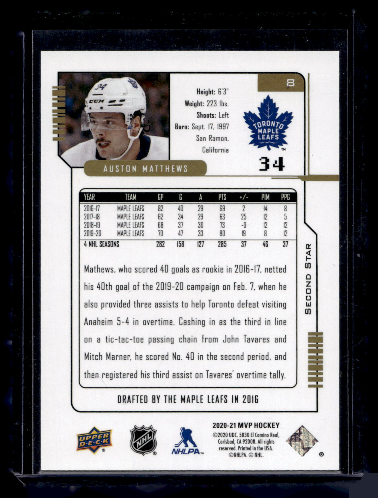 2020-21 Upper Deck MVP - 20th Anniversary - 2nd Star - Auston Matthews #8 /100