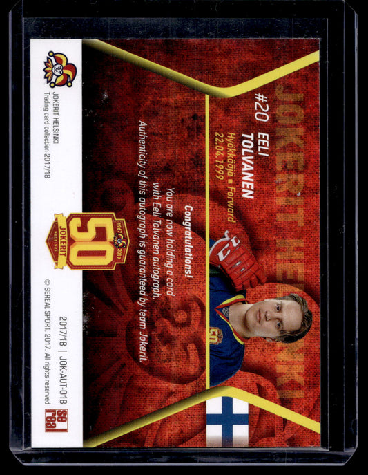 2017-18 Sereal Jokerit Autograph - Eeli Tolvanen #JOK-AUT-018 /50