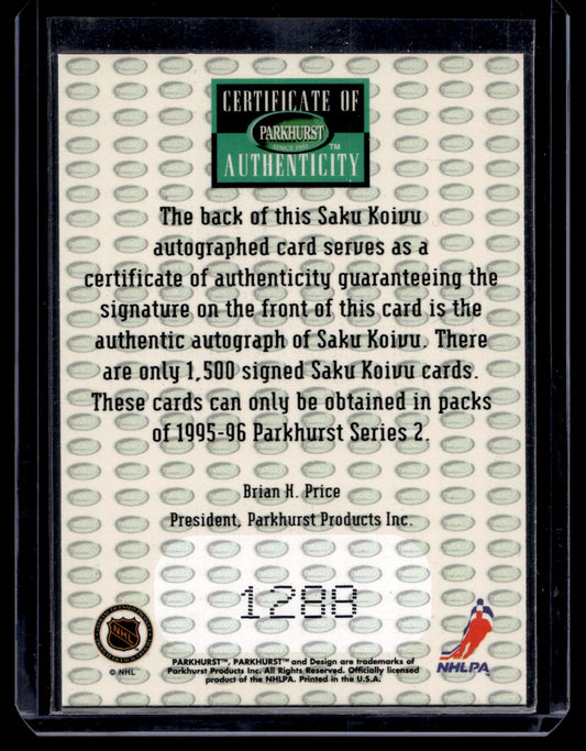 1995-96 Parkhurst International - Autograph Series - Saku Koivu /1500