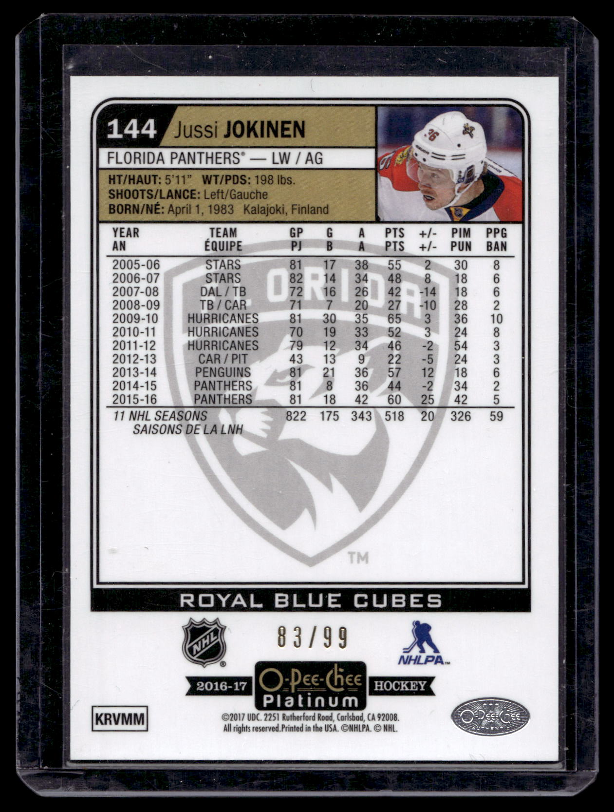 2016-17 Upper Deck O-Pee-Chee Platinum - Royal Blue Cubes - Jussi Jokinen #144 /99