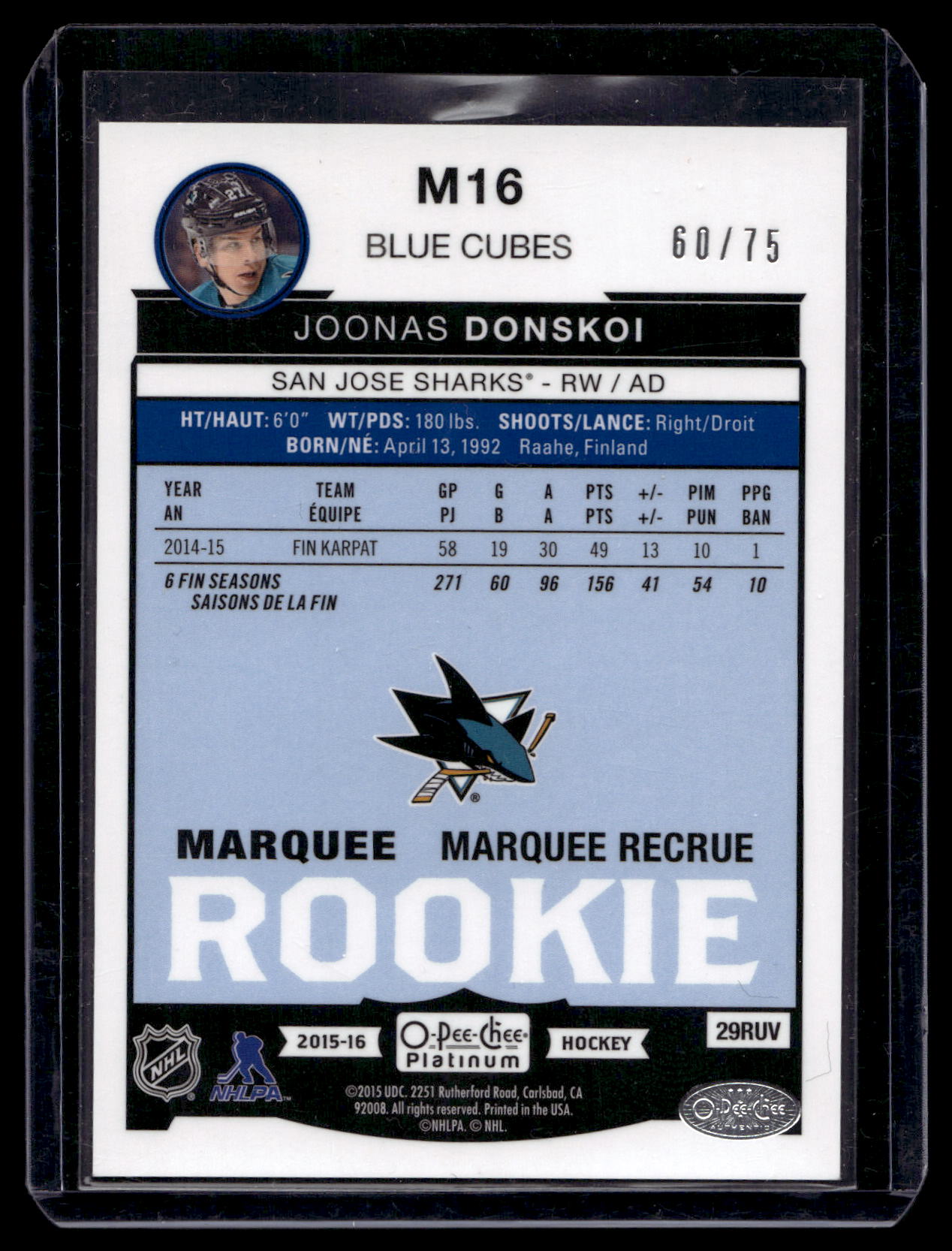 2015-16 Upper Deck O-Pee-Chee Platinum - Marquee Rookies Blue Cubes - Joonas Donskoi #M16 /75 RY