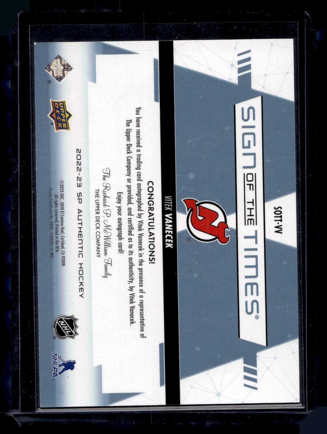 2022-23 Upper Deck SP Authentic Sign of The Times - Vitek Vanecek #SOTT-VV