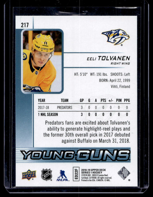 2018-19 Upper Deck Young Guns - Eeli Tolvanen #217 RC