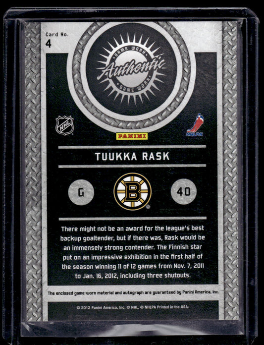 2011-12 Panini Titanium - Game-Worn Gear - Autographs - Tuukka Rask #4 /100