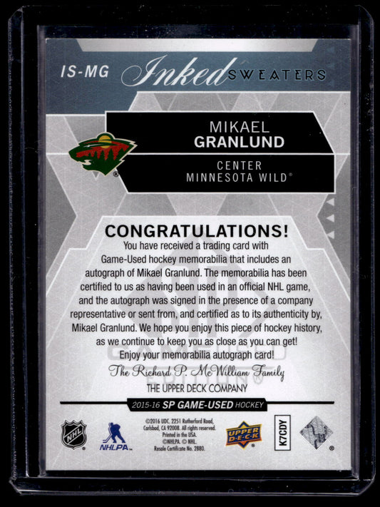 2015-16 SP Game-Used - Inked Sweaters - Mikael Granlund #IS-MG /99